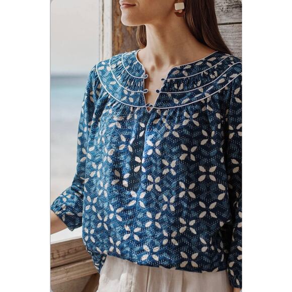 J. Jill Tops - Pure J. Jill Elements Gathered Top Dark Ink Blue Multi Simple Stamp XL